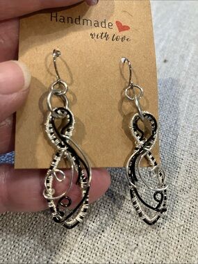 Hand Crafted Silver and Black Swirl Wire Dangle Earrings